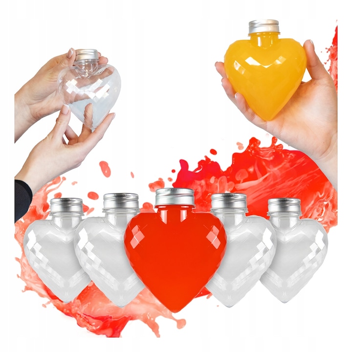 Készlet 20 db szív alakú műanyag palack 300 ml ezüst kupakkal, esküvői köszönetajándék, ajándék likőrnek, gyümölcslének, víznek, cukorkáknak, dekorációknak