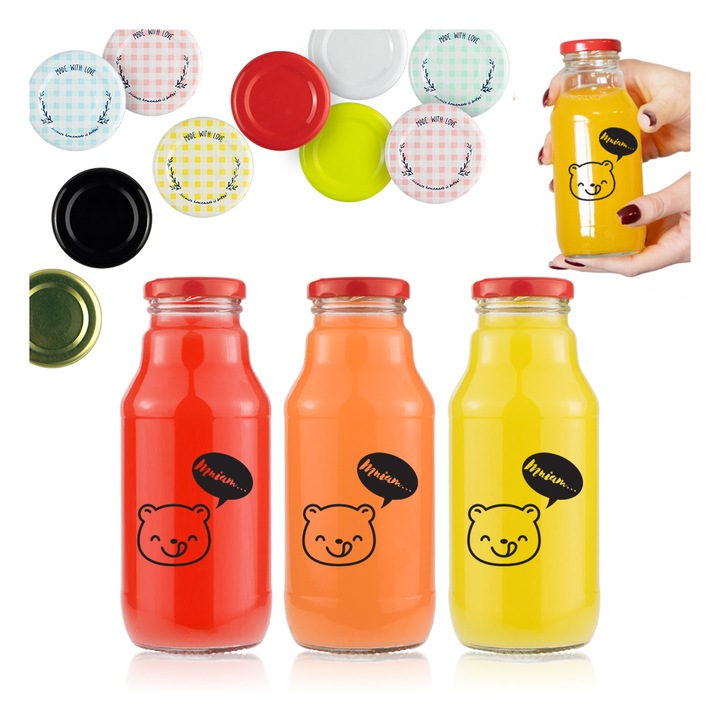 Set 50x Sticle din sticla KUBUS 330ml, capacitate 330ml, diametru 8,5cm, in culori mixte, cu capac fi 43