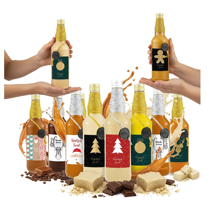 Set 10 sticle decorative Bimberek 500ml, pentru bauturi, inaltime 25,5cm, diametru 6,6cm, diverse modele de Craciun