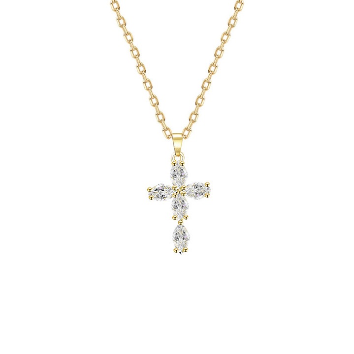 Colier cu cruce din alama si zirconiu cubic, CISHOP, auriu, 18"+2"