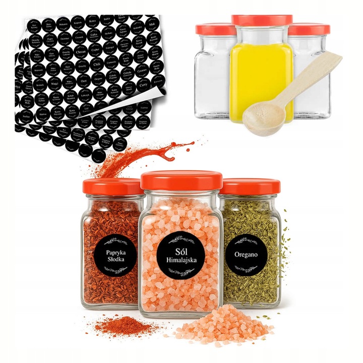 Set 20X borcane sticla patrate 150ML cu capac fi 53, 252 etichete pentru condimente, multicolor