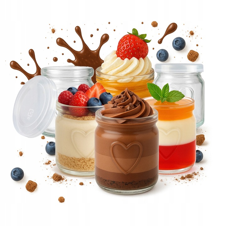 Set 20 borcane sticla 250ml cu capac, decorare inima, 9,5x6,9cm