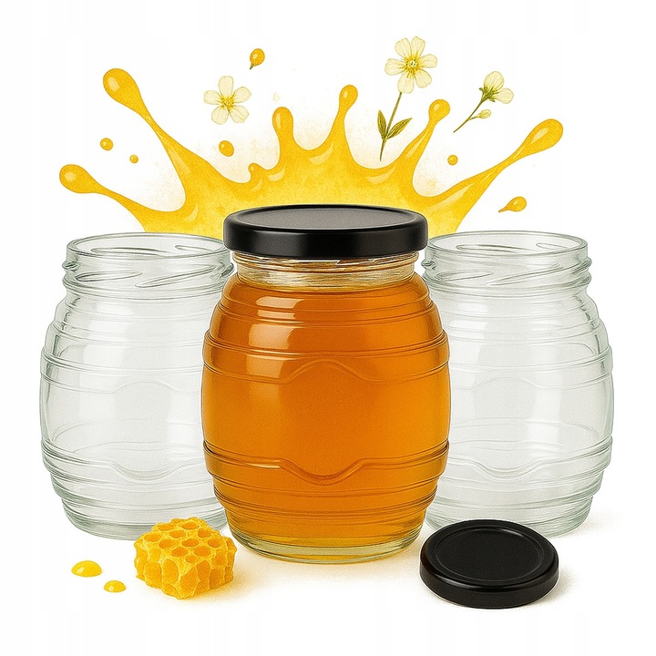 Set 5 Borcane pentru Miere, Sticla, 380 ml, Capac Negru, Transparent
