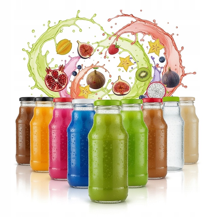 Set 100x Sticle din Sticla pentru Suc KUBUS 330ml cu Capace Multicolore