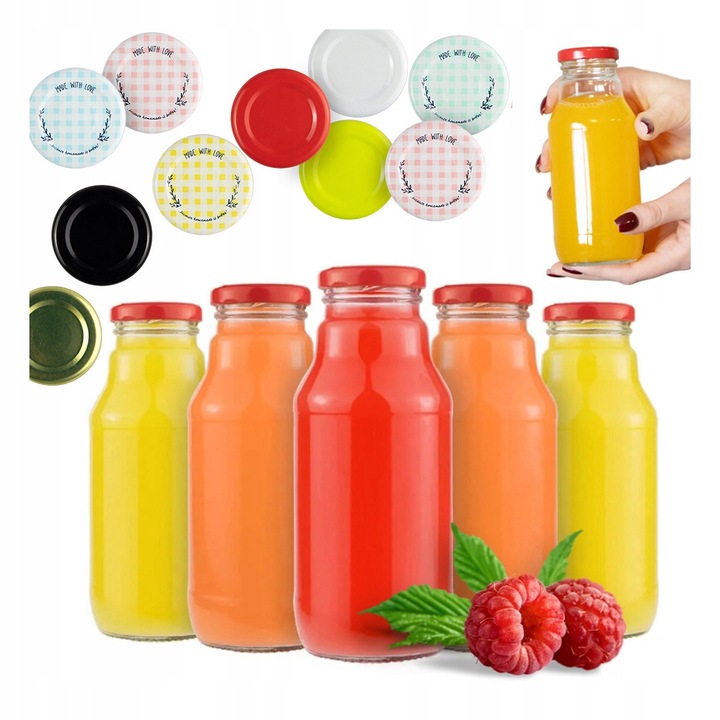 Комплект от 100 стъклени бутилки за сок KUBUS 330 мл с многоцветни капачки