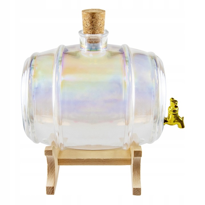 Butoi cu robinet din sticla Bimberek 2L, suport din lemn, pentru bauturi alcoolice si non-alcoolice, 220x150mm