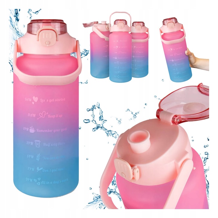 Set 2x Sticle Motivationale pentru Apa 2L, Bimberek, cu Tub, Mint, Negru, Albastru, Roz