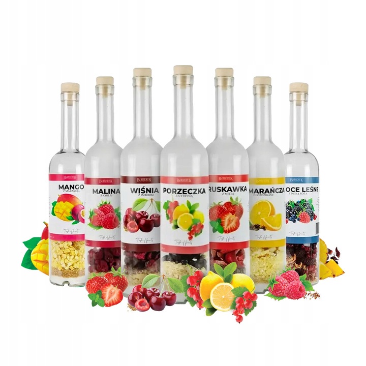 500 ml-es üveg liofilizált gyümölcsökkel, Bimberekkel és különféle ízekkel készült nalewki készítéséhez