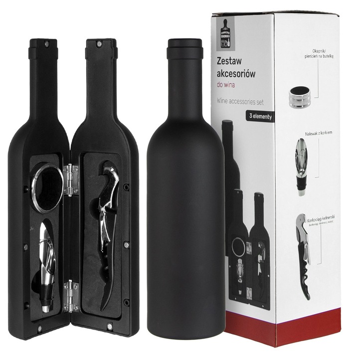 Комплект от 3 аксесоара за вино Bimberek в кутия във формата на бутилка, тирбушон, фуния с тапа, пръстен против капене, елегантен