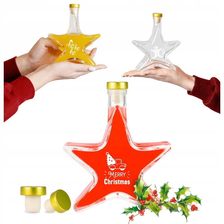 Set 5 Sticle Bimberek 200ml, Forma de Stea, Transparenta, Capac Auriu