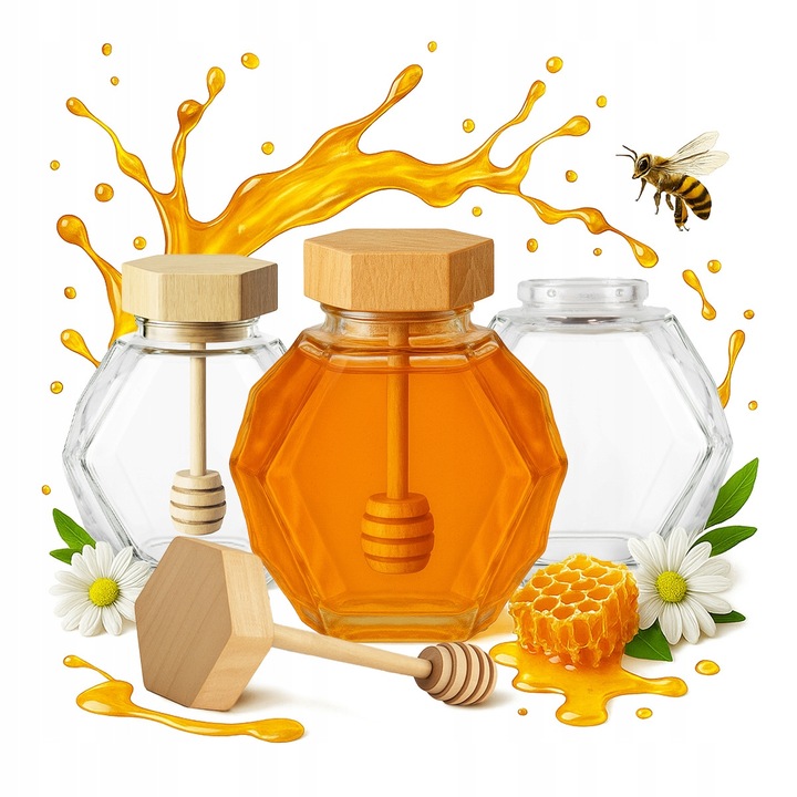 Set 20 Borcane Sticlă MAJA 200 ml cu Capac Lemn pentru Miere, Formă Geometrică, Natural