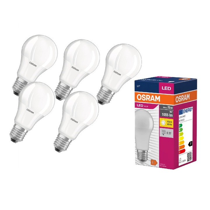 Комплект от 5 глобусни LED крушки OSRAM, E27, 10W, еквивалент на 75W, топла светлина, 2700K, ъгъл 360, 1055 lm, енергиен клас F