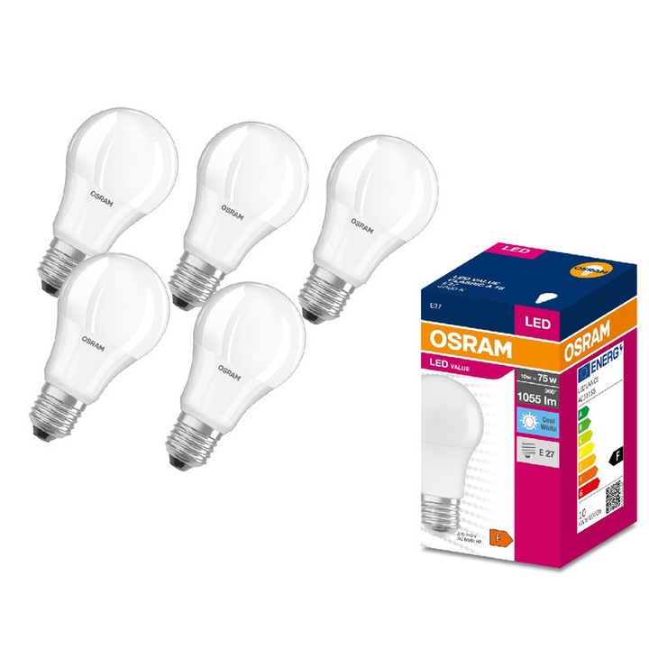 5 darabos OSRAM LED gömbizzó készlet, E27, 10 W-nak megfelelő 75 W, 360 fokos sugárzási szög, semleges fény, 4000 K, 1055 lm, F energiaosztály