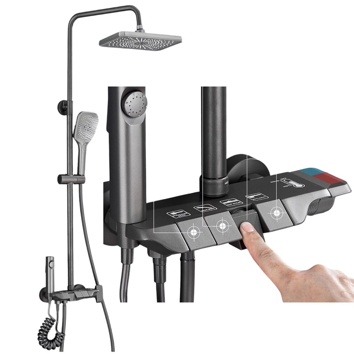 BisDesign® Fürdőszobai Zuhanyoszlop, Zongoragombos, Antracitszürke Felülettel, 28 cm-es Esőhatású Zuhanyfej, 4 Átfolyási Funkció