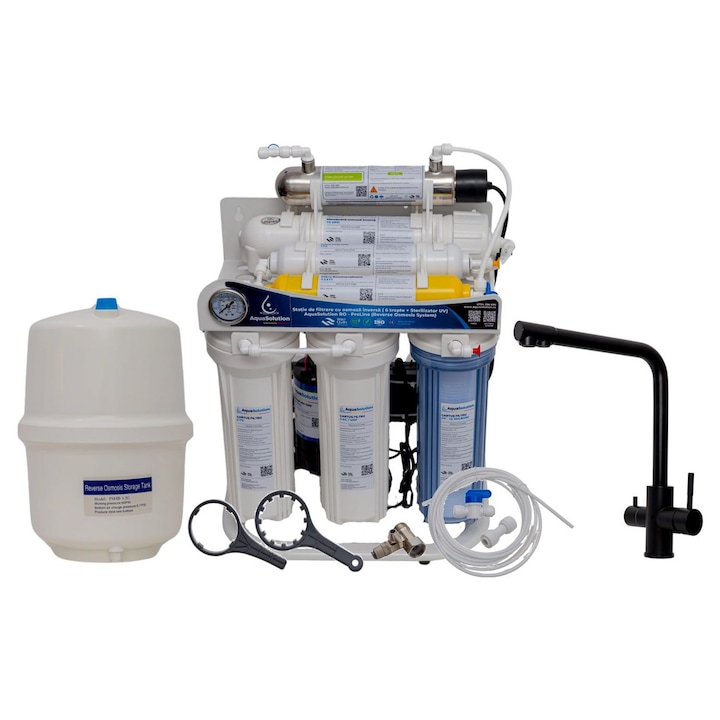 Filtru apa cu osmoza inversa 6 trepte, 0.0001 microni, pompa si sterilizator UV 6W – AquaSolution RO-ProLine + Baterie 3 cai, Edge inox 304 negru mat