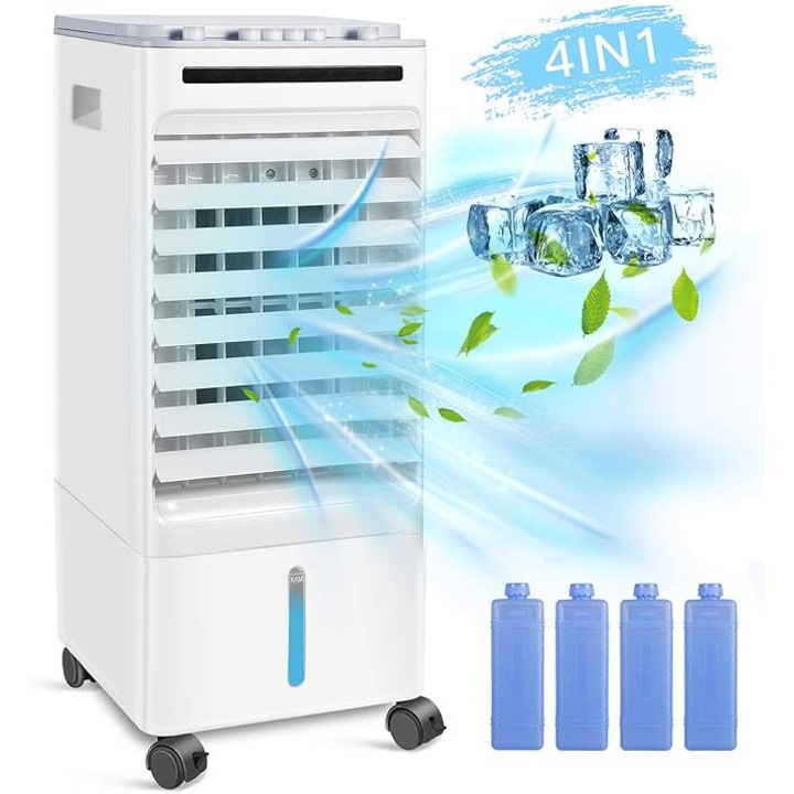 Racitor de aer cu evaporare, Umidificator, Purificator de aer, Ventilator Include 4 recipiente pentru gheata, rezervor de apa de 5L, 3 trepte de viteza Ideal pentru acasa sau birou