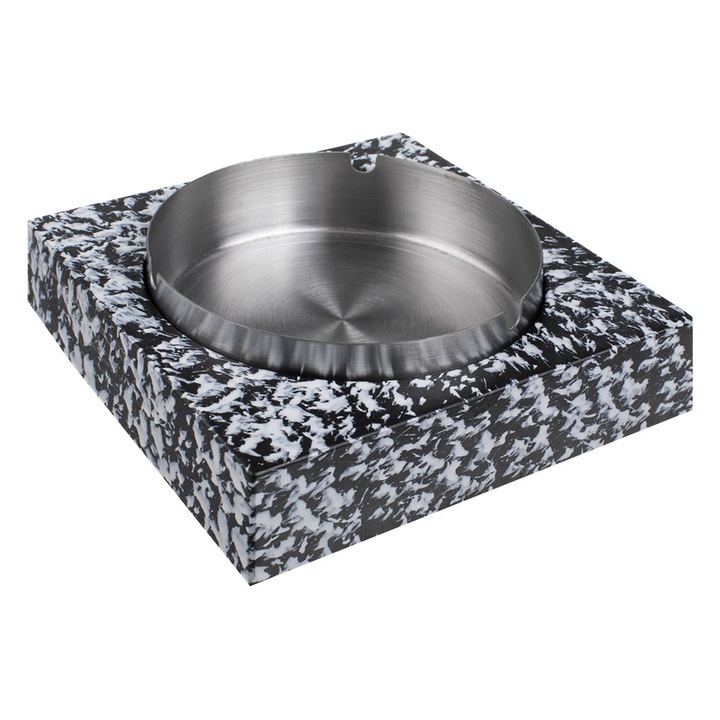 Fekete-fehér négyzet alakú cement hamutartó kerek ezüst hamutartóval 12,5x5cm