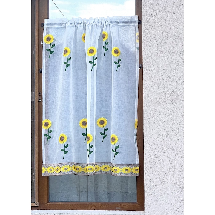 Perdea vitraj scurta rustic, alb cu floarea soarelui, 90 x 90 cm