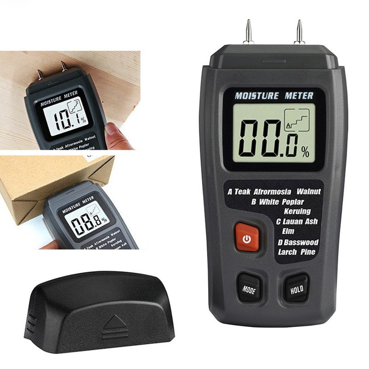 Echipament profesional pentru detectarea continutului de umiditate in lemn, gips-carton si alte materiale similare (aparat de masurat umiditatea), ZOUN, alimentat cu baterii, 4 moduri de masurare, interval larg de masurare, afisaj LCD, negru