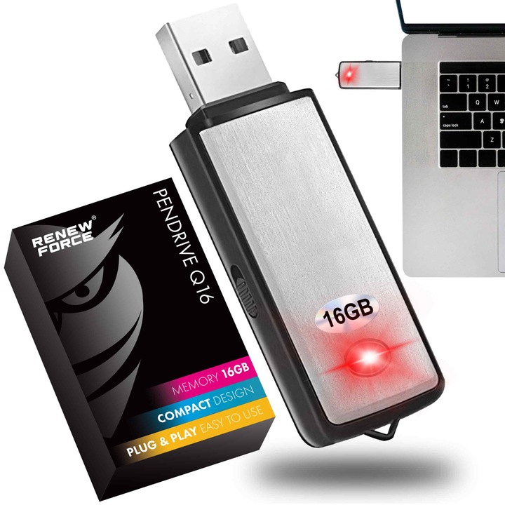 Recorder Spion 2w1 RENEW FORCE®, USB, 16 GB, 200 De Ore de Inregistrare, Raza de Actiune pana la 8 Metri, La Lectii Sau Seminarii, La Intalniri De Afaceri, Ca Reportofon Personal, Capacitate Baterie 350mAh, 65 x 20 x 8 mm, Argintiu Q16