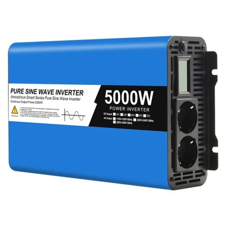 Easun инвертор, 12V, 5000W, чист синусоидален за фотоволтаични панелни системи, каравани, къмпинг, с двоен контакт, син