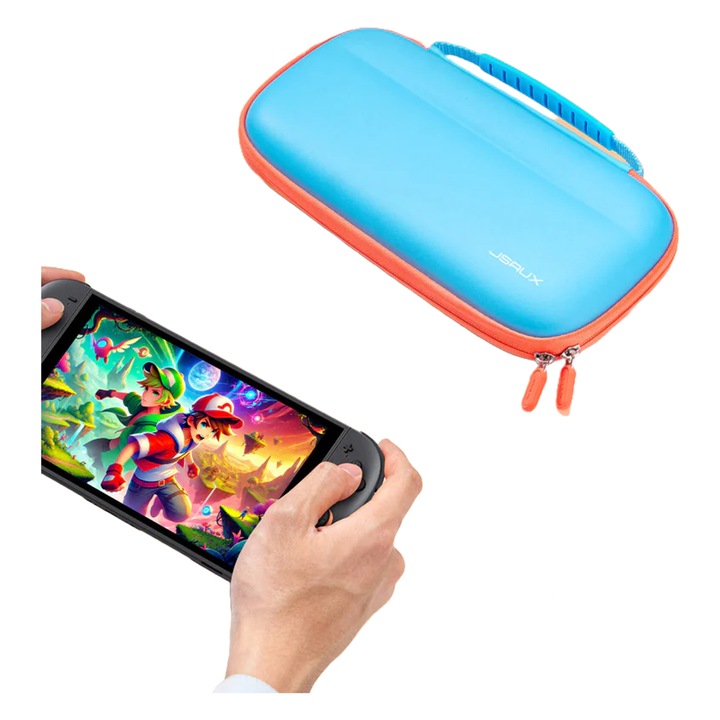 Etui ultra-subtire JSAUX pentru Nintendo Switch 2, albastru, dimensiuni 296x140x53mm, capacitate pentru 10 jocuri