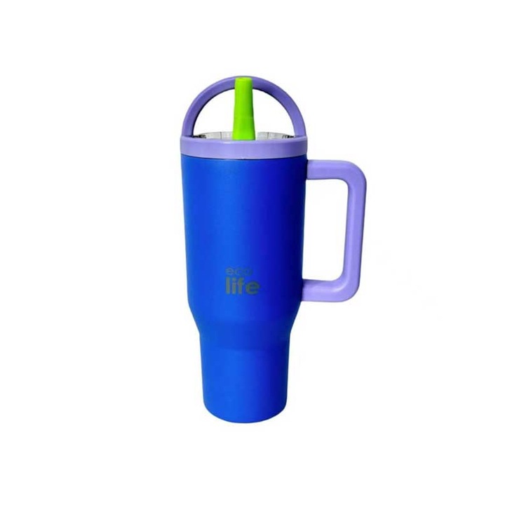 Termos EcoLife 900ml cu maner, inox 304, dublu strat, albastru-violet, 23x7cm