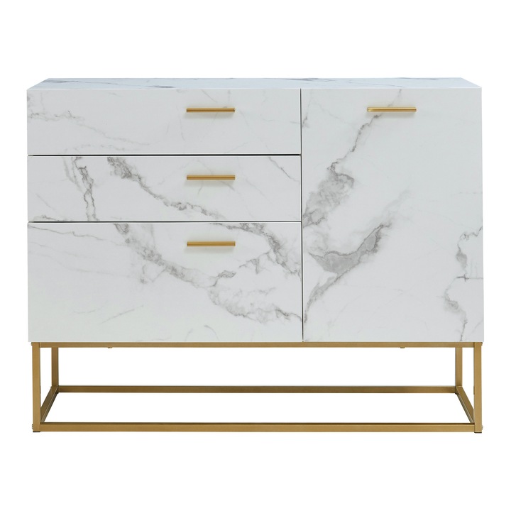 Comoda, en.casa, Lavangen, 75 x 100 x 35 cm, metal, pal, auriu, alb marmorat, cu 1 usa si 3 sertare