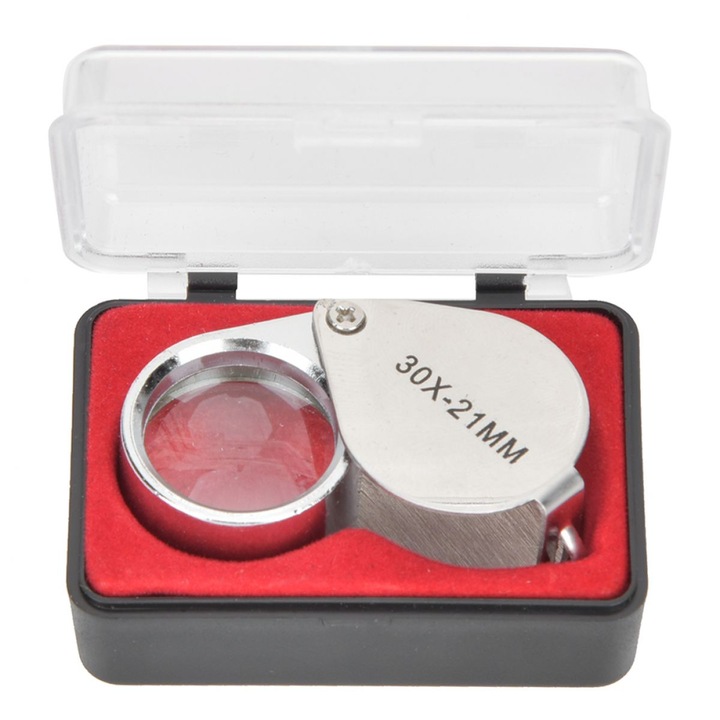 Lupa bijutiera pliabila 30X-21MM, 30x, lentila 21 mm, carcasa inox, cutie plastic, multicolor