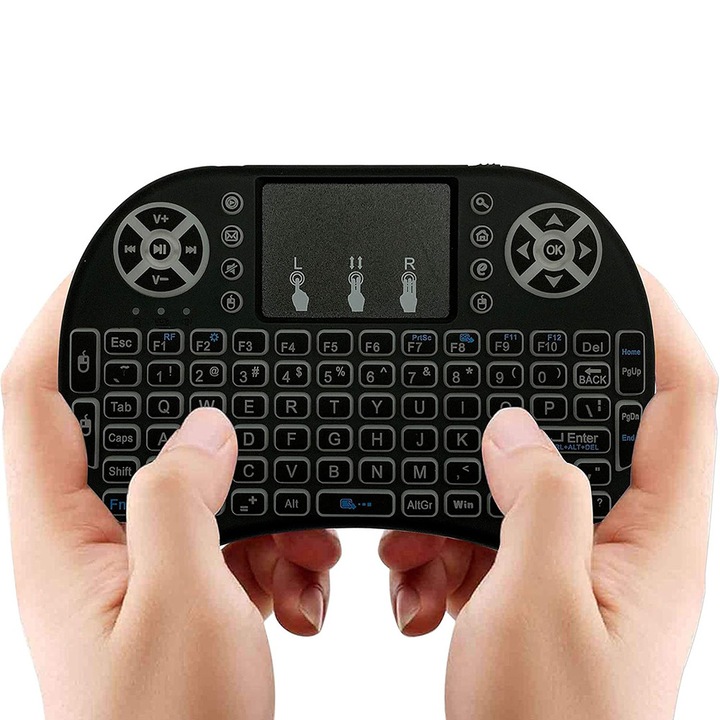 SmartKey Max – Tastatura Mini Wireless cu Touchpad si LED Multicolor, Control Usor, Compacta, TouchPad Inteligent, Conectivitate Wireless 2.4 Ghz, Baterie Reincarcabila, Portabila, Taste Iluminate, 3 Culori LED, Experienta Fluida, Negru