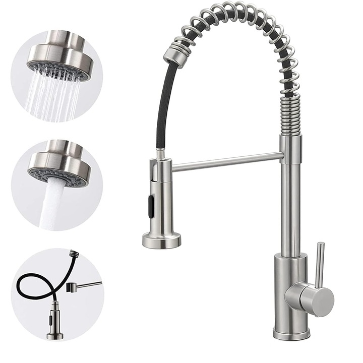 Baterie bucatarie Wumeiwang, cu dus extractibil, pipa inalta, 360 grade, otel inoxidabil, argintiu
