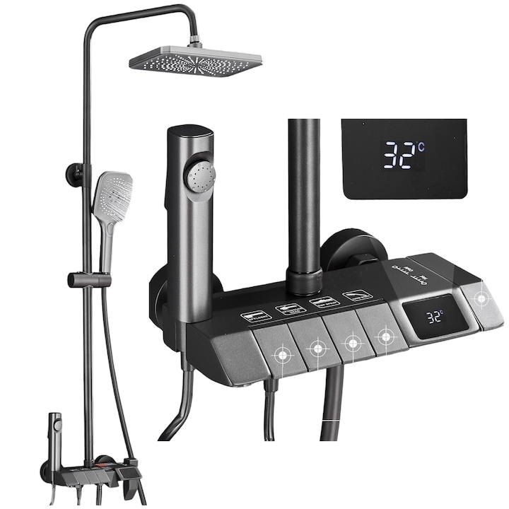 Душ колона за баня BisDesign®, LCD дисплей за температура на водата, бутони в стил пиано, антрацитно сиво покритие, душ глава с ефект на дъжд 28 см, 4 функции за дебит