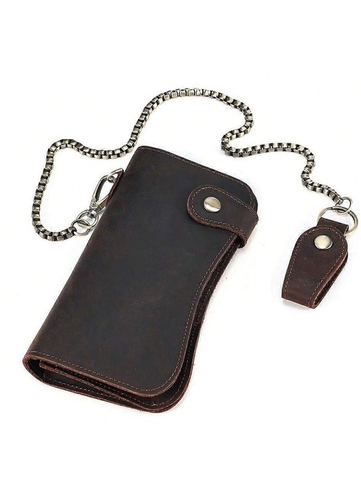 Portofel din piele pentru barbati cu blocare RFID, cu lant antifurt, suport pentru carduri, lung, negru