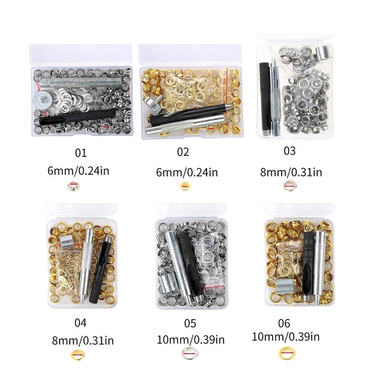 Set 100 bucati capse metalice 6mm/8mm/10mm cu unealta de instalare