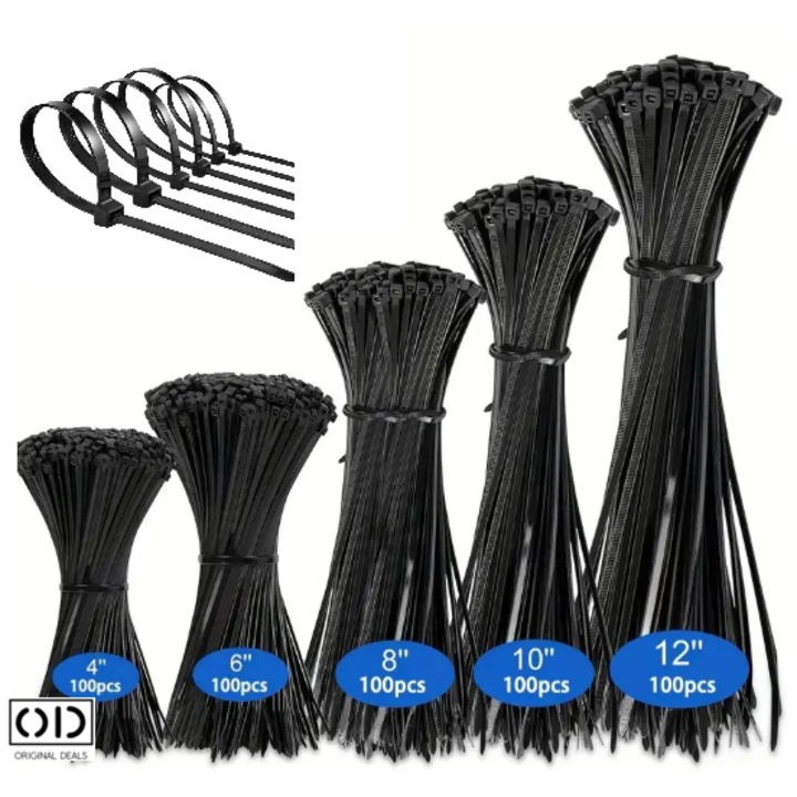 Coliere tip Bride Fasete (soricei), din Plastic PVC, pentru Organizat Cabluri si Legat Obiecte, Set 500 Bucati Premium, Negru, ORIGINAL DEALS