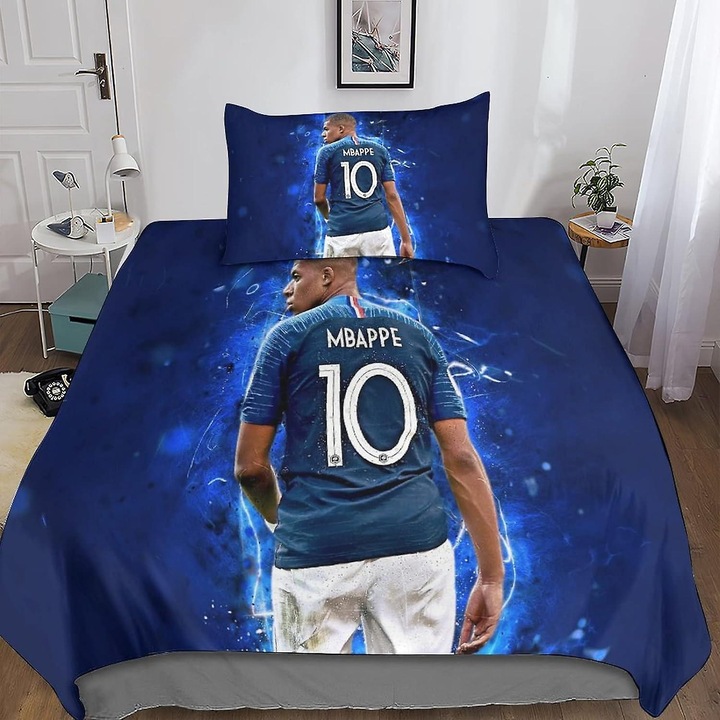Set lenjerie de pat Mbappe, 3D imprimat, fotbal, multicolor, dimensiuni: Single 135x200cm, Double 200x200cm, King 220x240cm