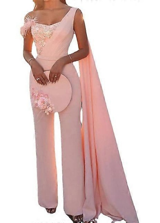 Salopeta eleganta roz cu un umar, pelerina, paiete si pene, fara maneci, din poliester