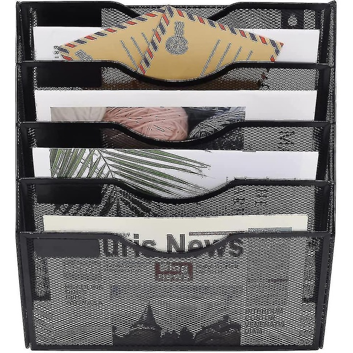 Suporturi documente metalice, 5 niveluri, design multifunctional, montare pe perete, culoare neagra