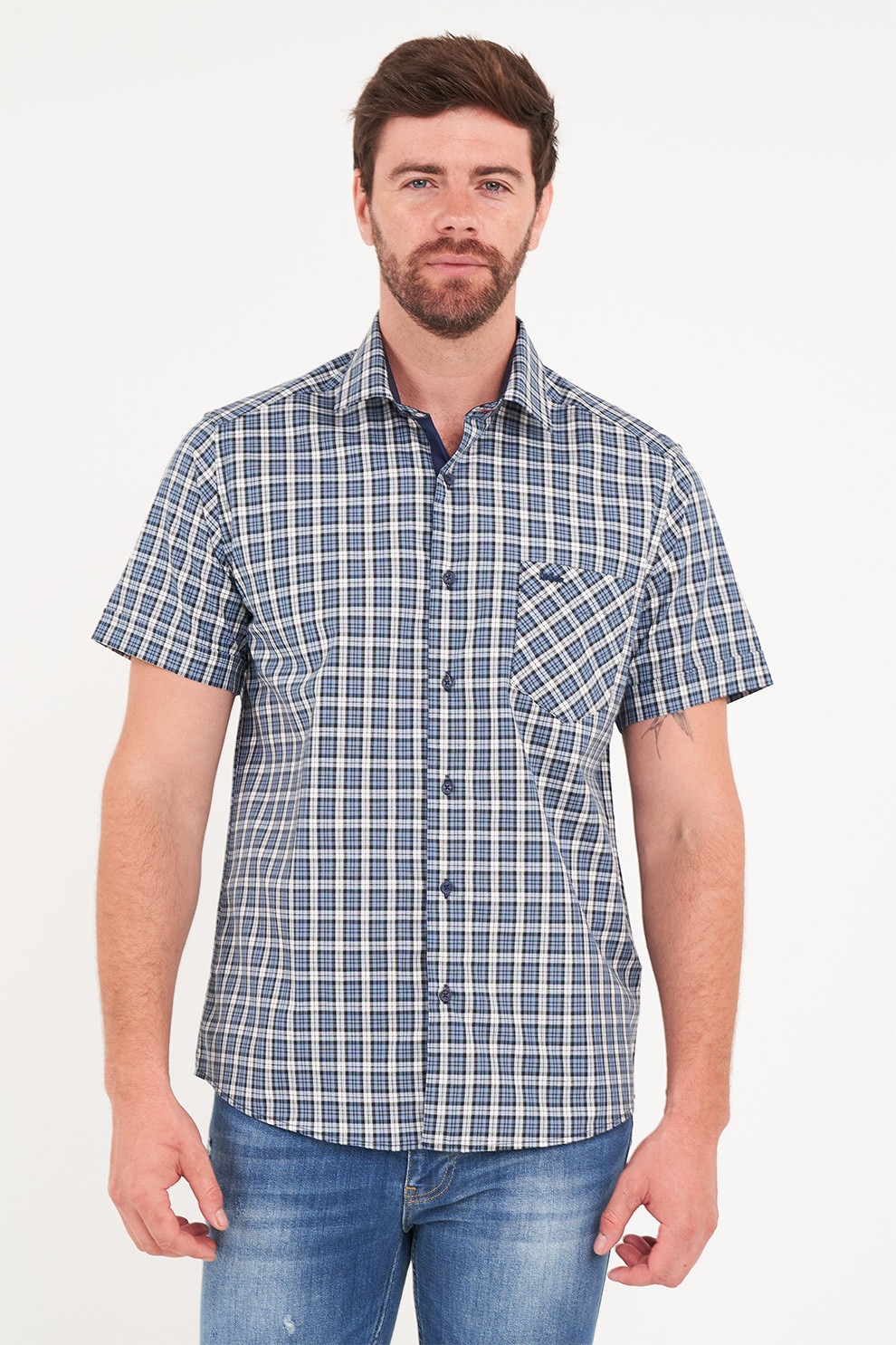 Lee Cooper, Camasa in carouri cu maneci scurte, Alb, Bleumarin, XL