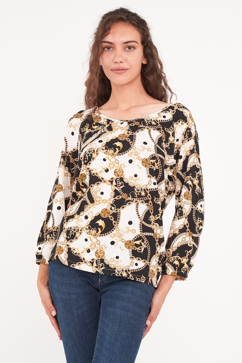 TIMEOUT, Bluza cu model si decolteu rotund, Alb/Negru/Galben sofran