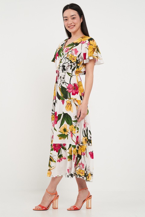 TIMEOUT, Rochie mini cu imprimeu si fronseuri, Alb/Galben/Verde inchis