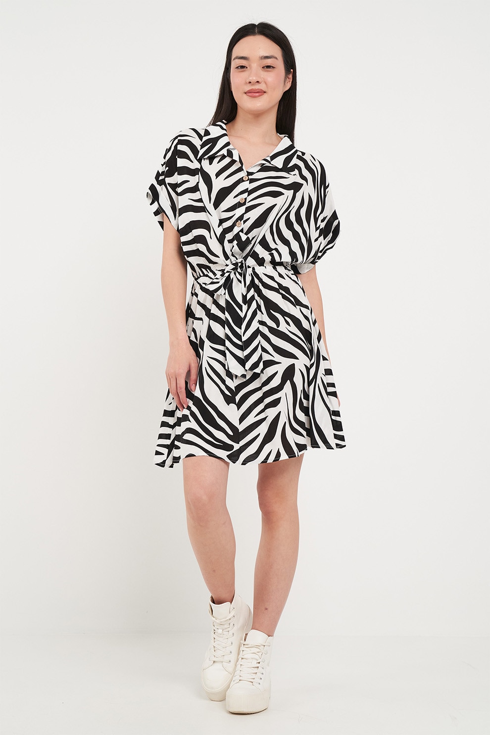 TIMEOUT, Rochie mini evazata cu nasturi si zebra, Alb, Negru, XS