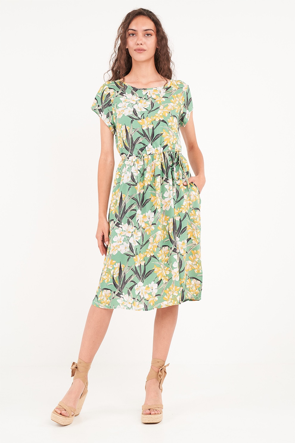 Timeout, Rochie cu imprimeu, croiala A si buzunare laterale, Verde, Galben, S