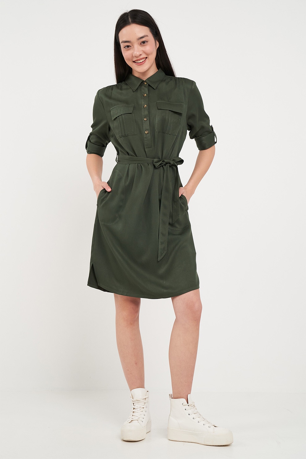 TIMEOUT, Rochie-camasa cu un cotrdon, Verde inchis, M