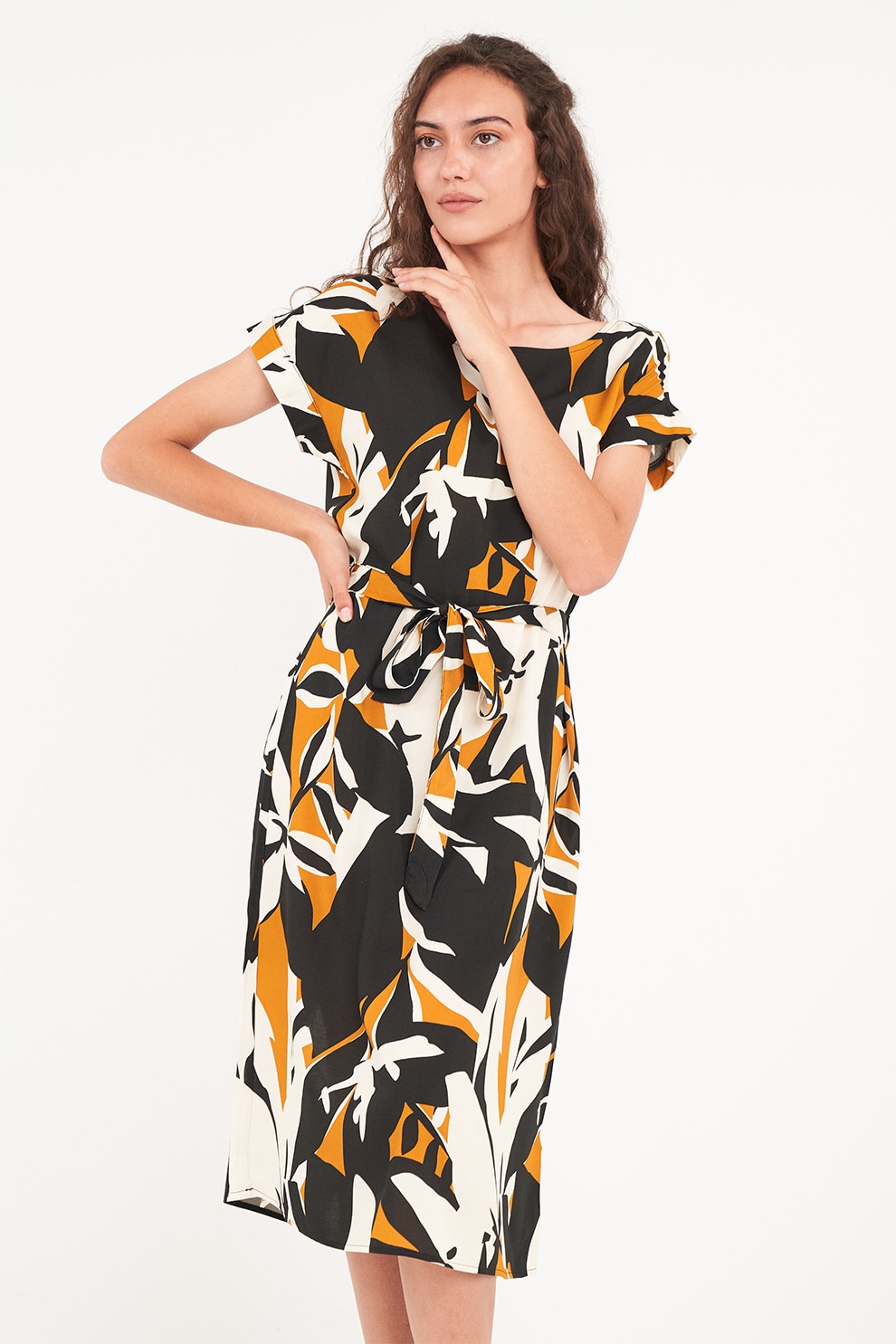 Timeout, Rochie cu imprimeu si cordon, Alb, Negru, Galben, XS