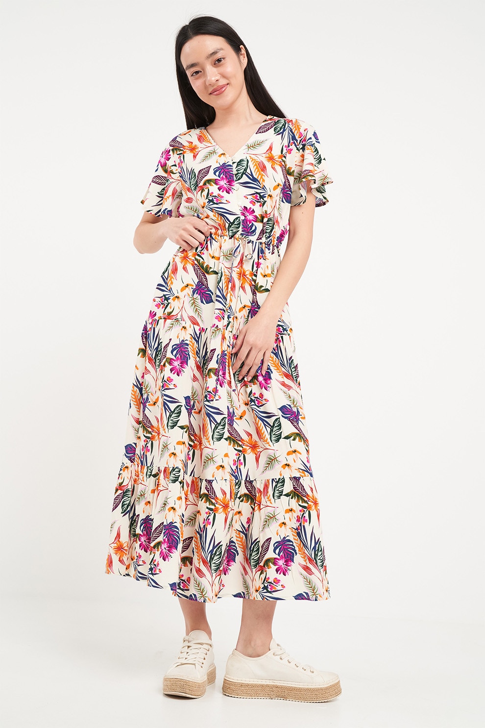 TIMEOUT, Rochie lunga cu model floral si decolteu in V, Alb fildes, Portocaliu, Violet, S