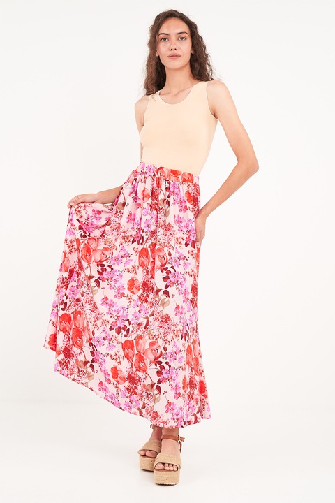 TIMEOUT, Fusta lunga cu model floral, Rosu/Roz
