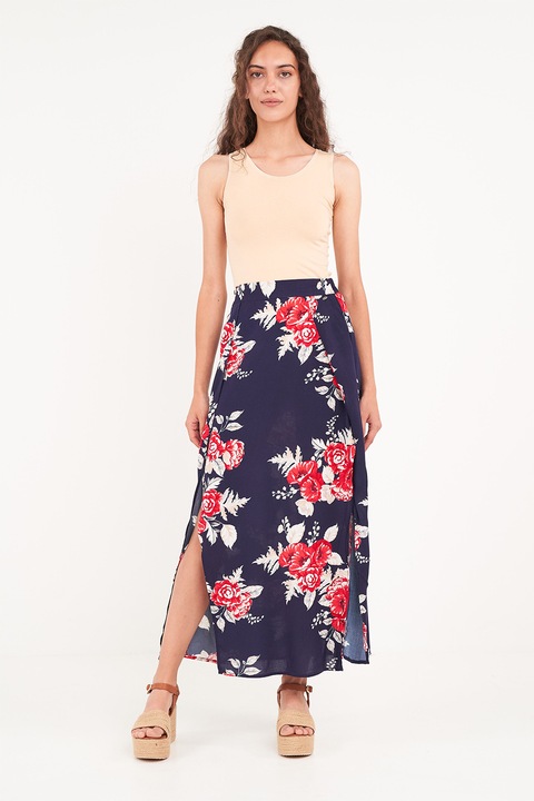 TIMEOUT, Fusta lunga cu model floral si slit lateral, Rosu/Bleumarin