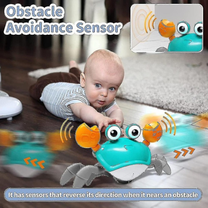 Jucarie interactiva pentru bebelusi, crab care se taraste, muzical, cu lumini LED, 30 minute autonomie, 12+ luni