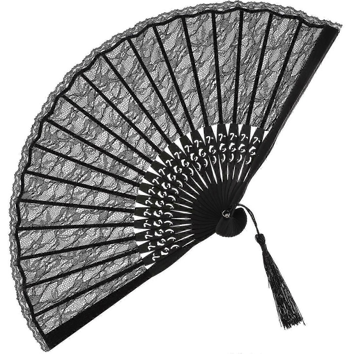 Női összecsukható legyező, bambusz/csipke, fekete, 23x40cm